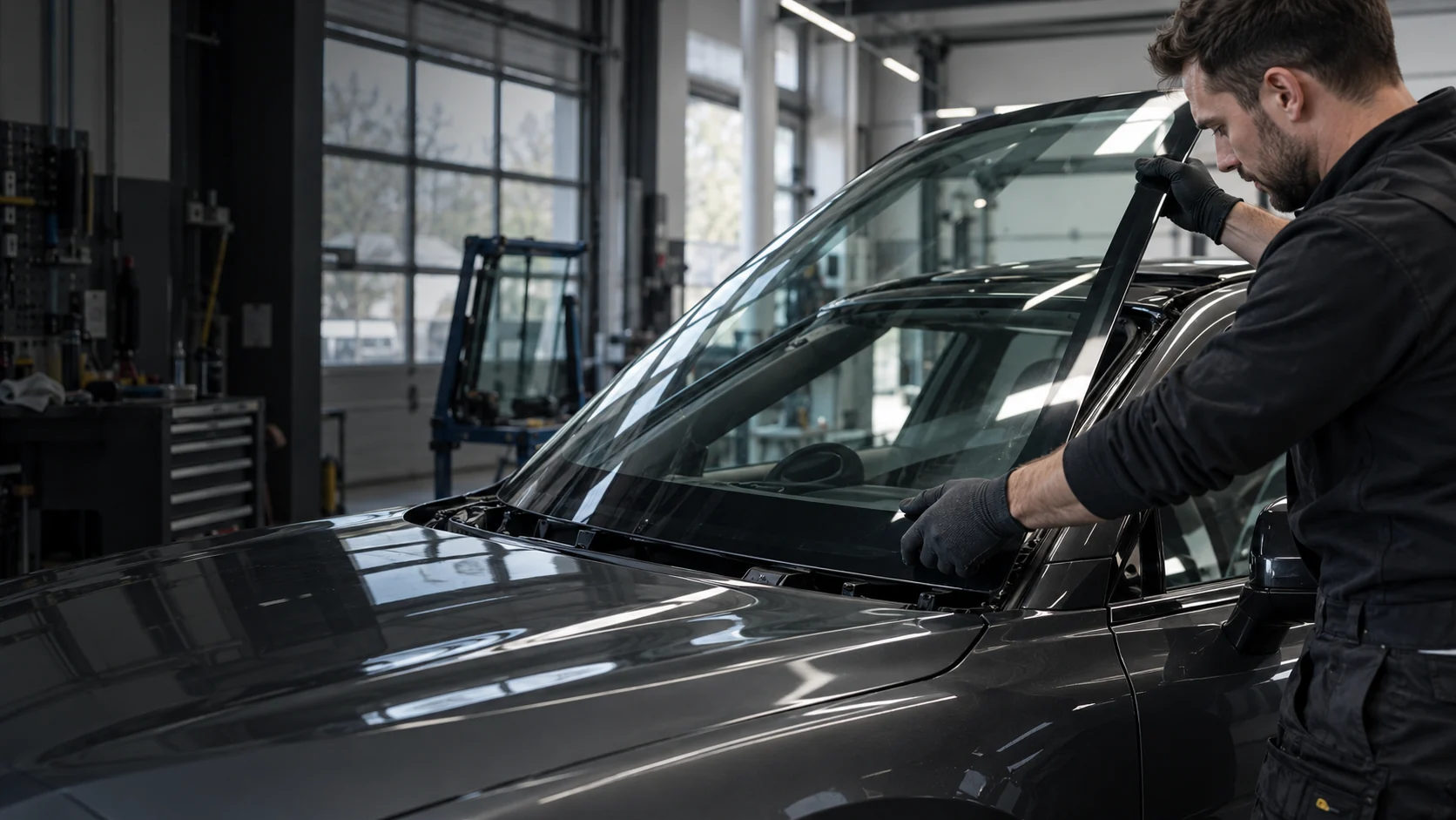 Arbeit an der Windschutzscheibe eines Fahrzeugs